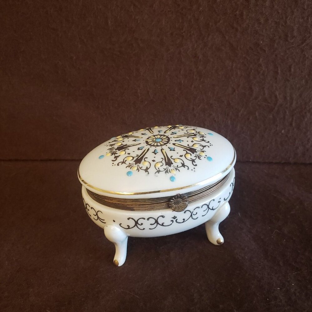 Vintage German Oval Hand Painted Hinged Trinket Box on Legs